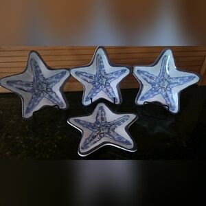 Set of 4 Blue & White Starfish Appetizer Plates 8" New Navy Blue Trim